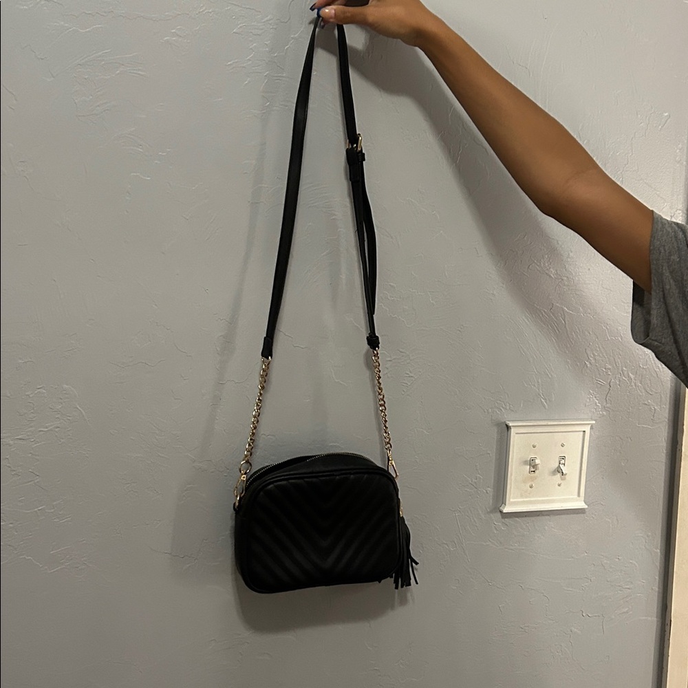 Black Quilted Crossbody Bag with Gold Chain